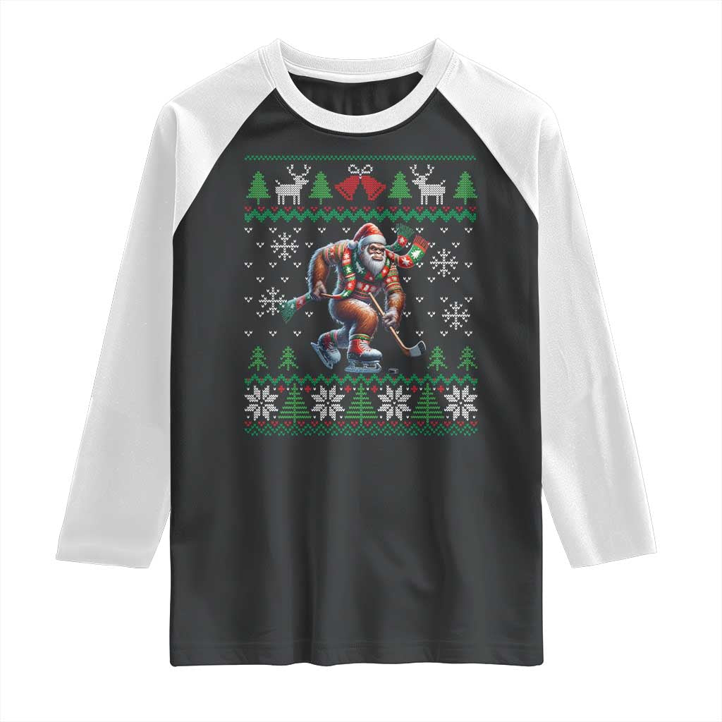 Ugly Christmas Bigfoot Playing Hockey Raglan Shirt Funny Xmas Gift TS12 Black White Print Your Wear