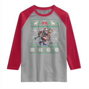 Ugly Christmas Bigfoot Playing Hockey Raglan Shirt Funny Xmas Gift TS12 Sport Gray Red Print Your Wear