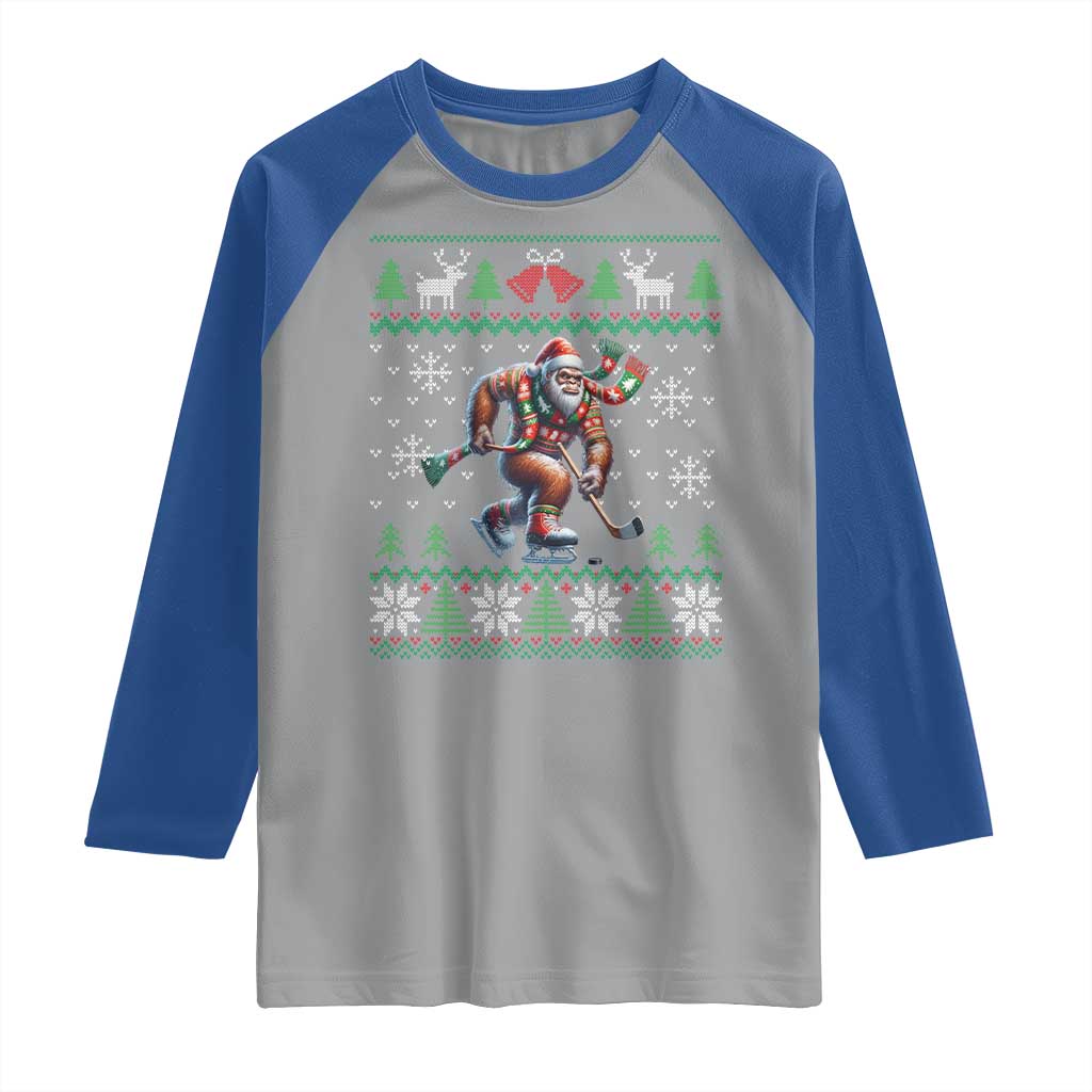 Ugly Christmas Bigfoot Playing Hockey Raglan Shirt Funny Xmas Gift TS12 Sport Gray Royal Print Your Wear