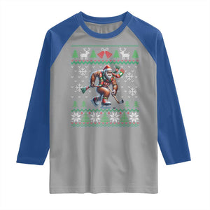 Ugly Christmas Bigfoot Playing Hockey Raglan Shirt Funny Xmas Gift TS12 Sport Gray Royal Print Your Wear
