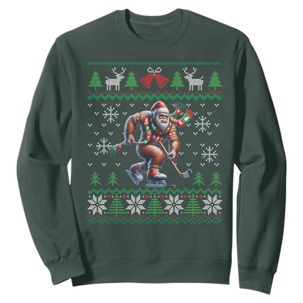 Ugly Christmas Bigfoot Playing Hockey Sweatshirt Funny Xmas Gift TS12 Dark Forest Green Print Your Wear