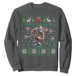 Ugly Christmas Bigfoot Playing Hockey Sweatshirt Funny Xmas Gift TS12 Dark Heather Print Your Wear