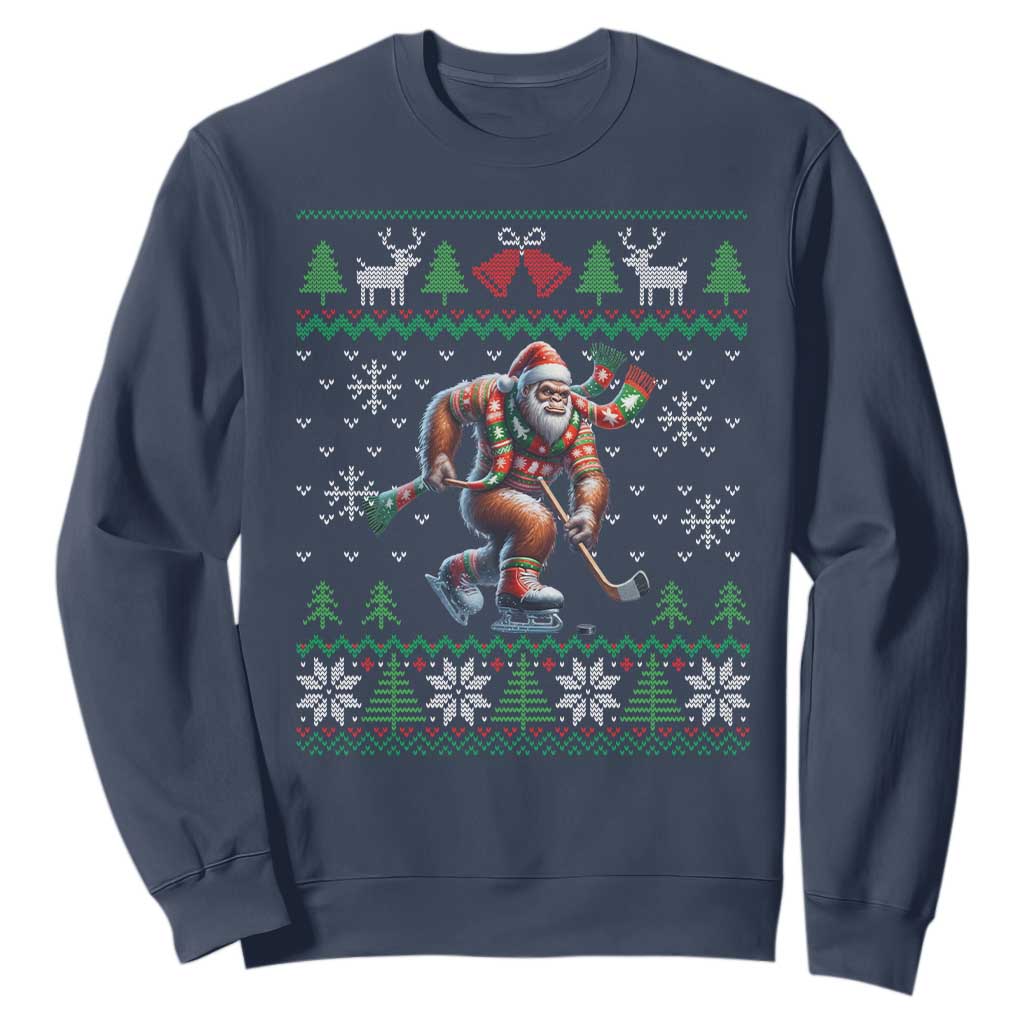 Ugly Christmas Bigfoot Playing Hockey Sweatshirt Funny Xmas Gift TS12 Navy Print Your Wear