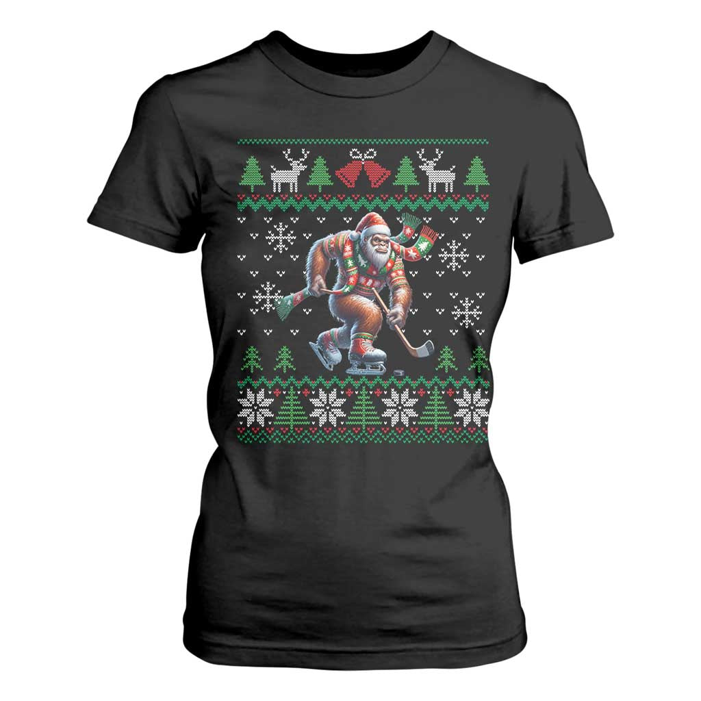 Ugly Christmas Bigfoot Playing Hockey T Shirt For Women Funny Xmas Gift TS12 Black Print Your Wear
