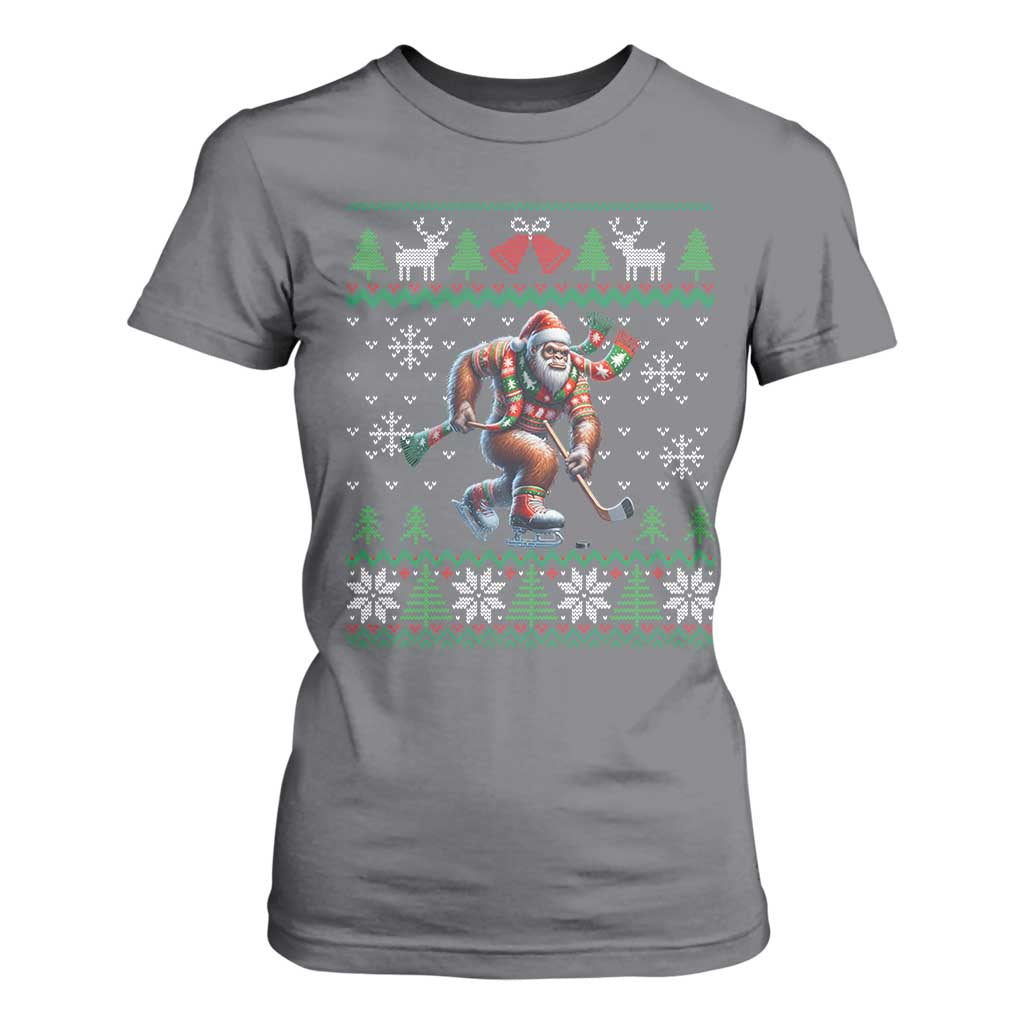 Ugly Christmas Bigfoot Playing Hockey T Shirt For Women Funny Xmas Gift TS12 Charcoal Print Your Wear