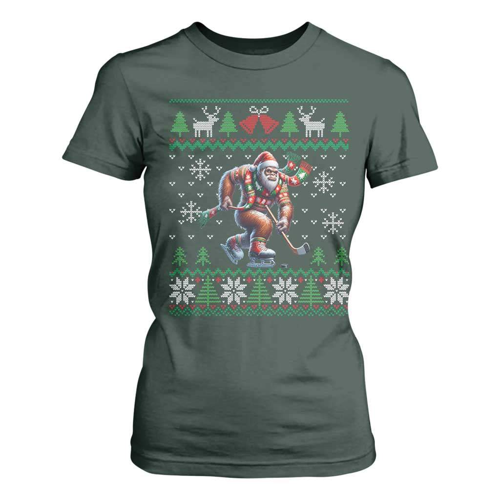 Ugly Christmas Bigfoot Playing Hockey T Shirt For Women Funny Xmas Gift TS12 Dark Forest Green Print Your Wear