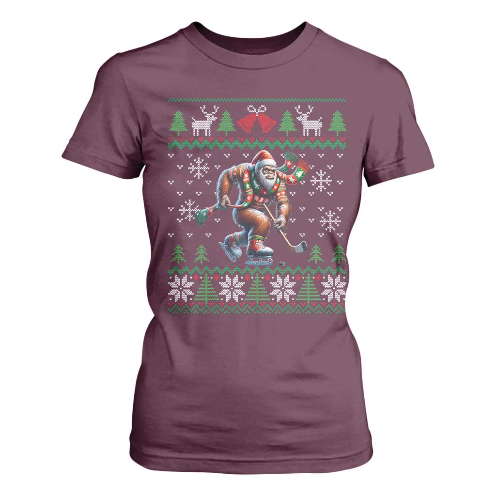 Ugly Christmas Bigfoot Playing Hockey T Shirt For Women Funny Xmas Gift TS12 Maroon Print Your Wear