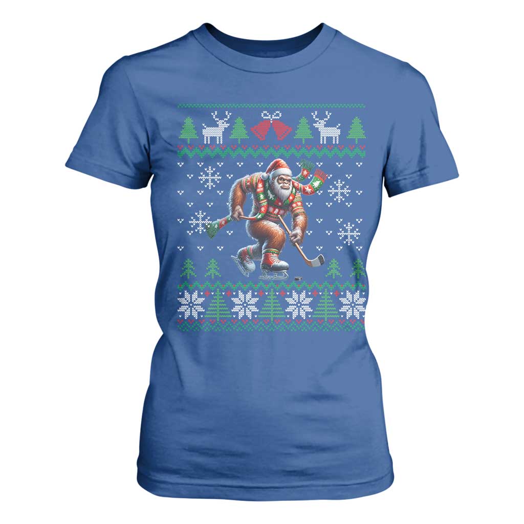 Ugly Christmas Bigfoot Playing Hockey T Shirt For Women Funny Xmas Gift TS12 Royal Blue Print Your Wear