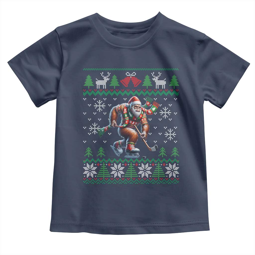 Ugly Christmas Bigfoot Playing Hockey Toddler T Shirt Funny Xmas Gift TS12 Navy Print Your Wear