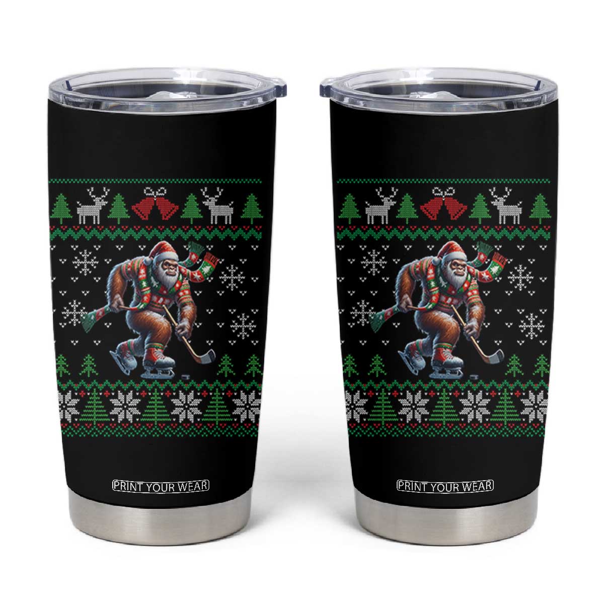 Ugly Christmas Bigfoot Playing Hockey Tumbler Cup Funny Xmas Gift TS12 Black Print Your Wear