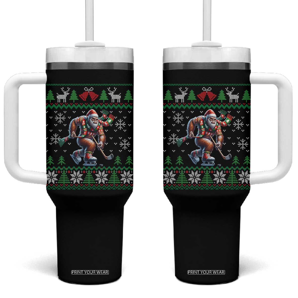 Ugly Christmas Bigfoot Playing Hockey Tumbler With Handle Funny Xmas Gift TS12 One Size: 40 oz Black Print Your Wear