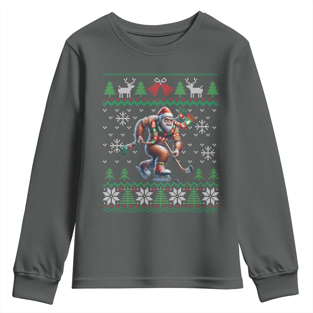 Ugly Christmas Bigfoot Playing Hockey Youth Sweatshirt Funny Xmas Gift TS12 Dark Heather Print Your Wear