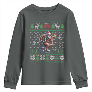 Ugly Christmas Bigfoot Playing Hockey Youth Sweatshirt Funny Xmas Gift TS12 Dark Heather Print Your Wear