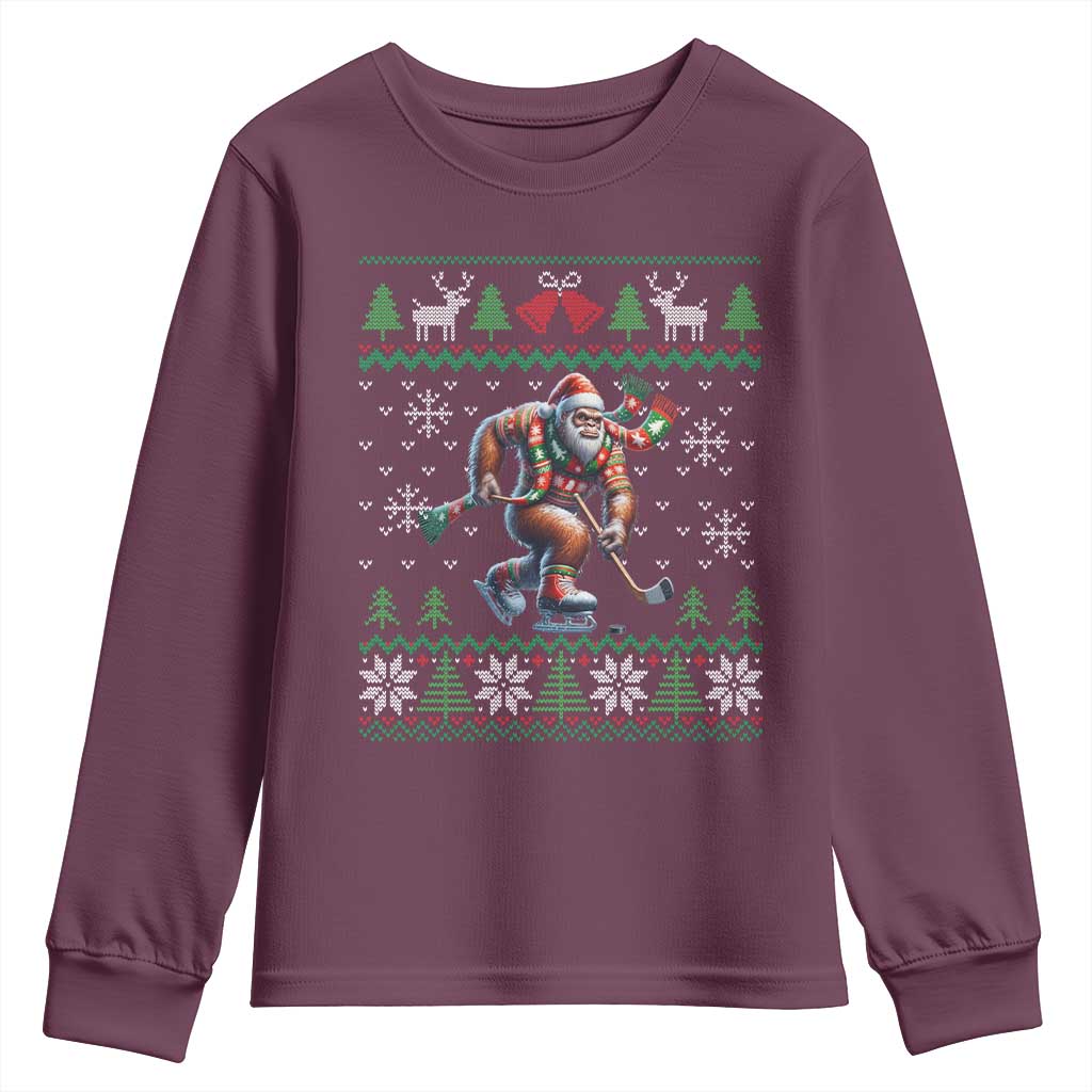 Ugly Christmas Bigfoot Playing Hockey Youth Sweatshirt Funny Xmas Gift TS12 Maroon Print Your Wear