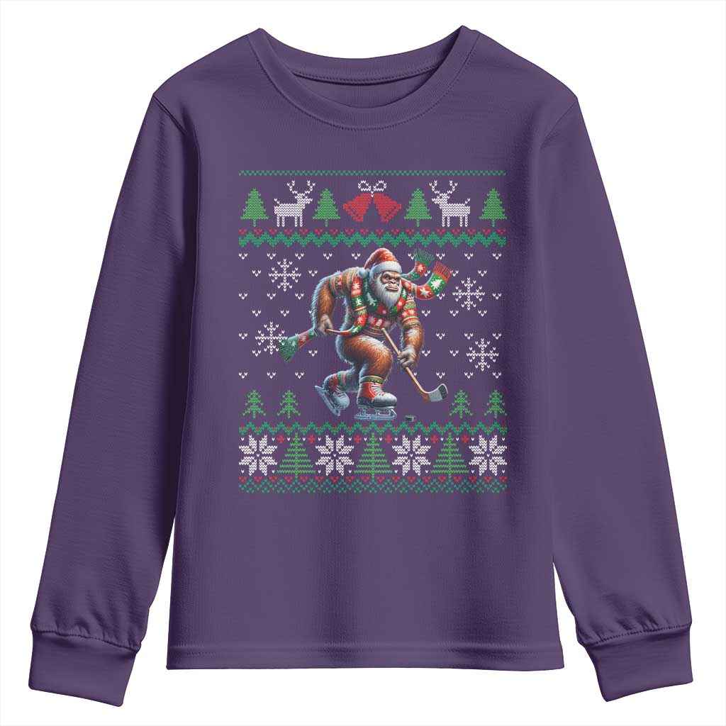Ugly Christmas Bigfoot Playing Hockey Youth Sweatshirt Funny Xmas Gift TS12 Purple Print Your Wear