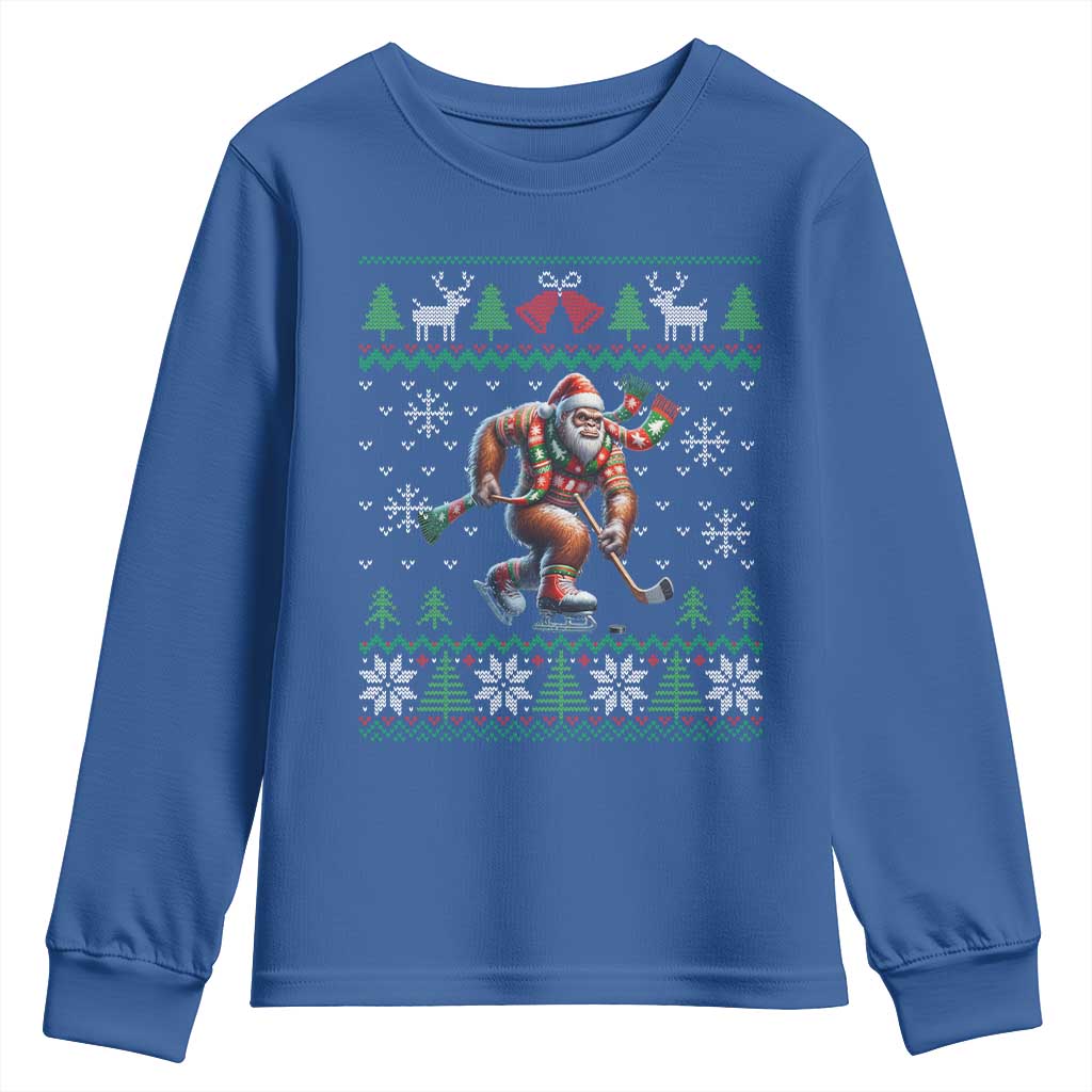 Ugly Christmas Bigfoot Playing Hockey Youth Sweatshirt Funny Xmas Gift TS12 Royal Blue Print Your Wear