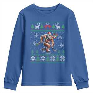 Ugly Christmas Bigfoot Playing Hockey Youth Sweatshirt Funny Xmas Gift TS12 Royal Blue Print Your Wear