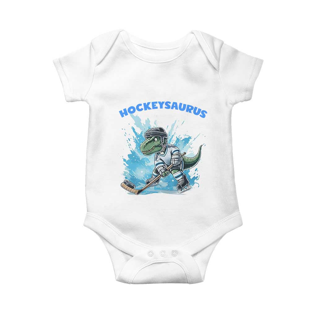 Hockeysaurus Baby Onesie Funny Dinosaur Playing Ice Hockey Gift TS12 White Print Your Wear