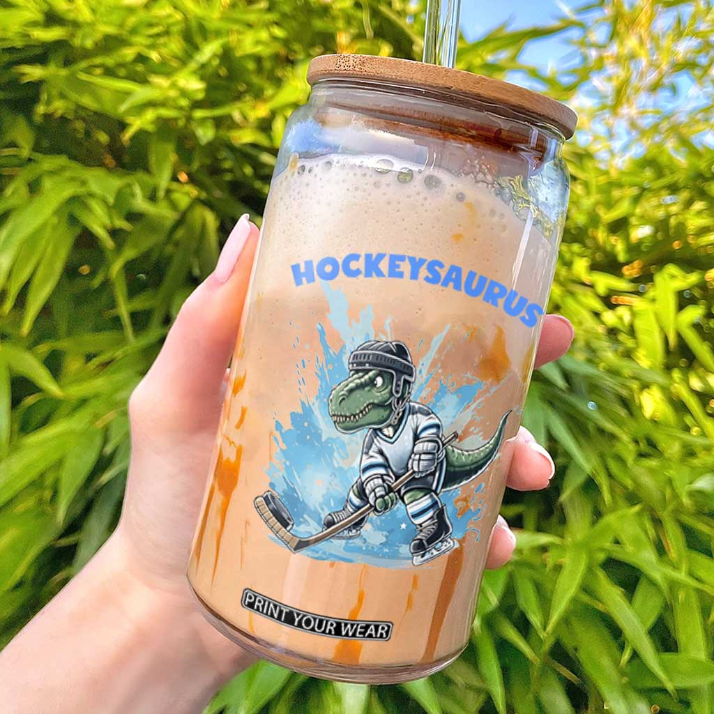 Hockeysaurus Glass Can Funny Dinosaur Playing Ice Hockey Gift TS12 White Print Your Wear