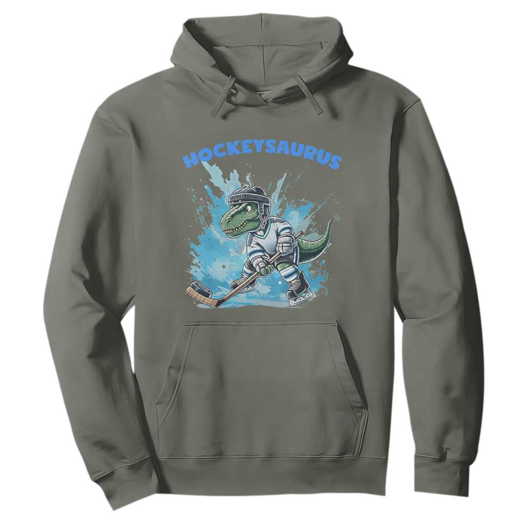 Hockeysaurus Hoodie Funny Dinosaur Playing Ice Hockey Gift TS12 Military Green Print Your Wear