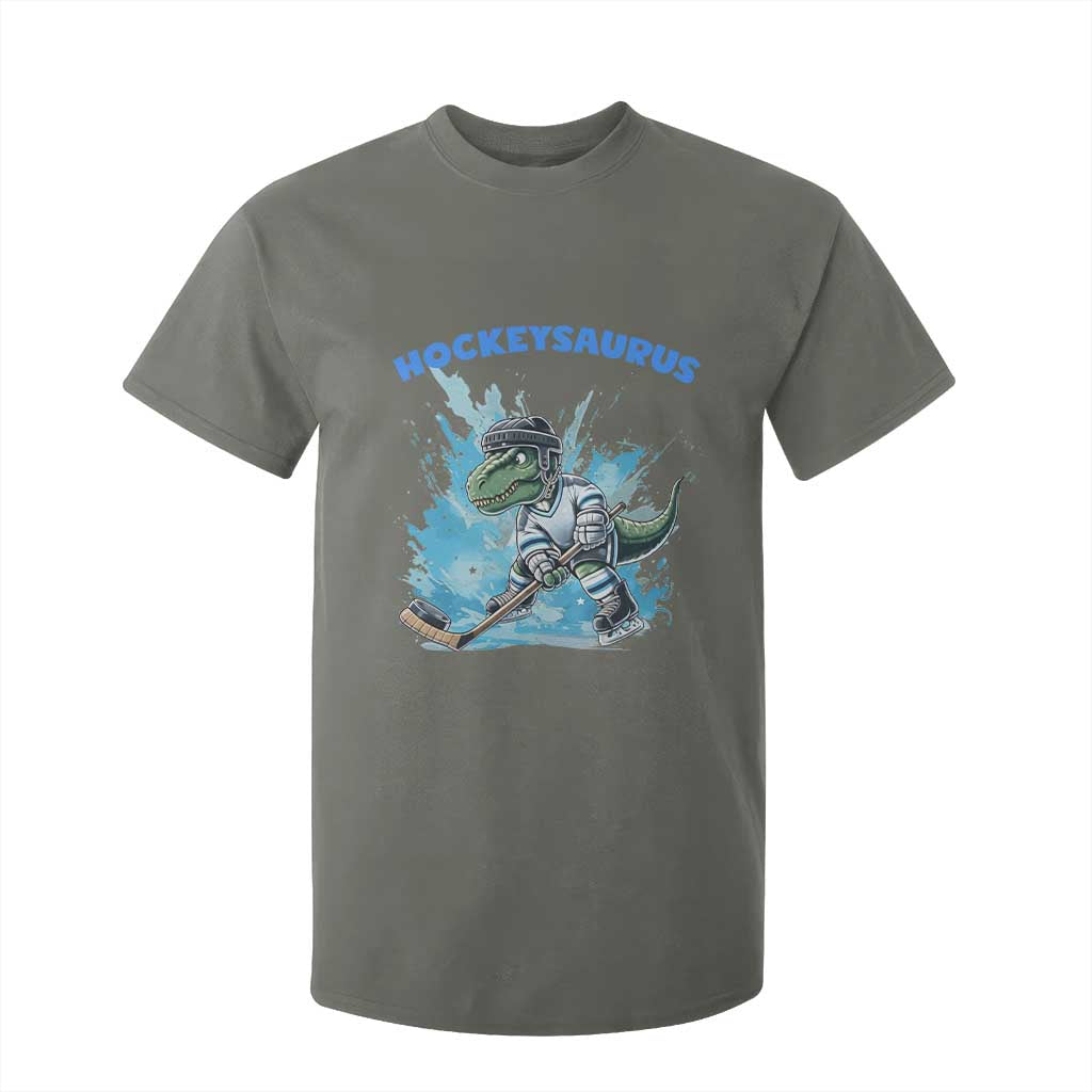 Hockeysaurus T Shirt For Kid Funny Dinosaur Playing Ice Hockey Gift TS12 Military Green Print Your Wear