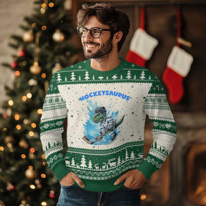 Hockeysaurus Ugly Christmas Sweater Funny Dinosaur Playing Ice Hockey Gift TS12 Beige Green Print Your Wear