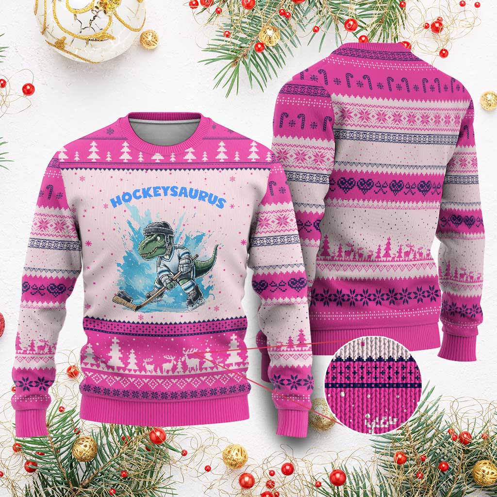 Hockeysaurus Ugly Christmas Sweater Funny Dinosaur Playing Ice Hockey Gift TS12 Hot Pink Print Your Wear