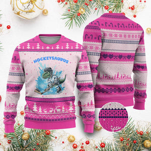 Hockeysaurus Ugly Christmas Sweater Funny Dinosaur Playing Ice Hockey Gift TS12 Hot Pink Print Your Wear