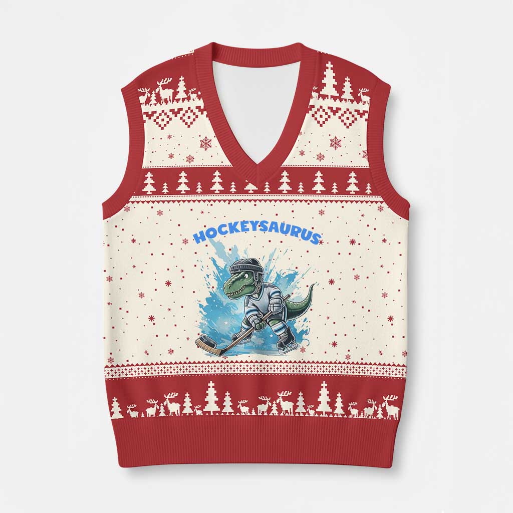 Hockeysaurus V-Neck Knit Sweater Vest Funny Dinosaur Playing Ice Hockey Gift TS12 Beige Red Print Your Wear