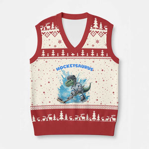 Hockeysaurus V-Neck Knit Sweater Vest Funny Dinosaur Playing Ice Hockey Gift TS12 Beige Red Print Your Wear