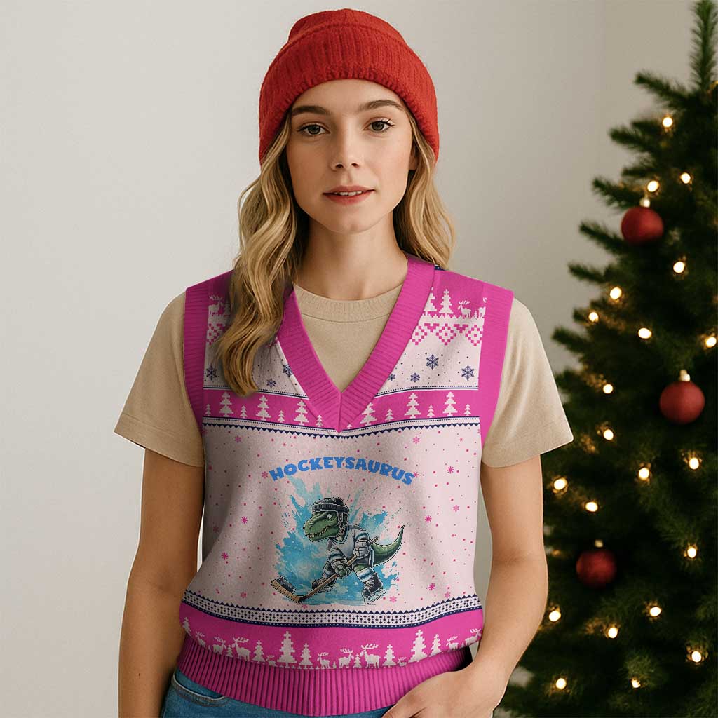 Hockeysaurus V-Neck Knit Sweater Vest Funny Dinosaur Playing Ice Hockey Gift TS12 Hot Pink Print Your Wear