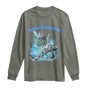 Hockeysaurus Long Sleeve Shirt Funny Dinosaur Playing Ice Hockey Gift TS12 Military Green Print Your Wear
