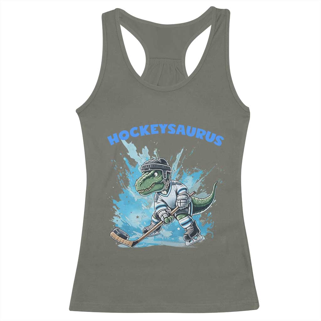 Hockeysaurus Racerback Tank Top Funny Dinosaur Playing Ice Hockey Gift TS12 Military Green Print Your Wear