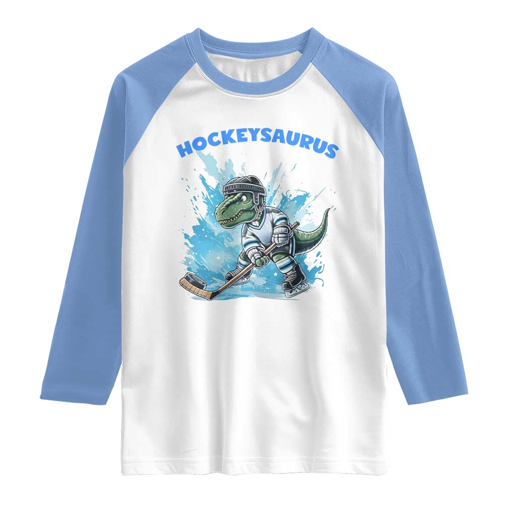 Hockeysaurus Raglan Shirt Funny Dinosaur Playing Ice Hockey Gift TS12 White Carolina Blue Print Your Wear