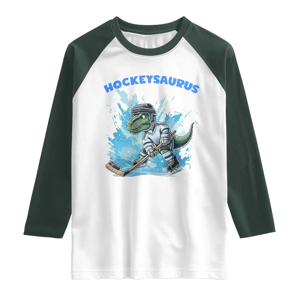 Hockeysaurus Raglan Shirt Funny Dinosaur Playing Ice Hockey Gift TS12 White Dark Forest Green Print Your Wear