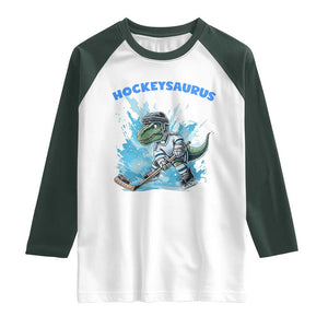 Hockeysaurus Raglan Shirt Funny Dinosaur Playing Ice Hockey Gift TS12 White Dark Forest Green Print Your Wear