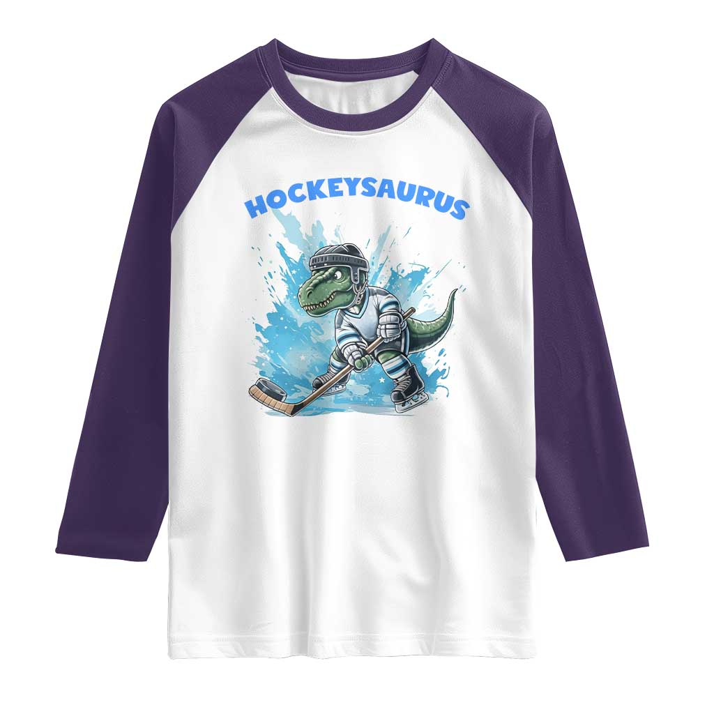 Hockeysaurus Raglan Shirt Funny Dinosaur Playing Ice Hockey Gift TS12 White Purple Print Your Wear