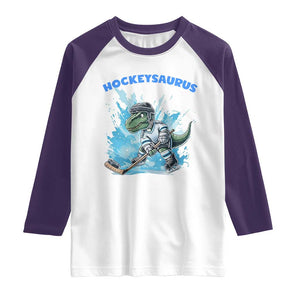Hockeysaurus Raglan Shirt Funny Dinosaur Playing Ice Hockey Gift TS12 White Purple Print Your Wear