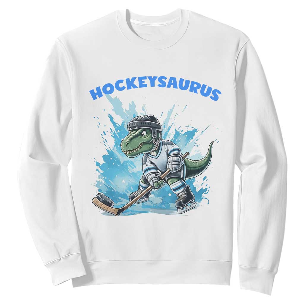 Hockeysaurus Sweatshirt Funny Dinosaur Playing Ice Hockey Gift TS12 White Print Your Wear