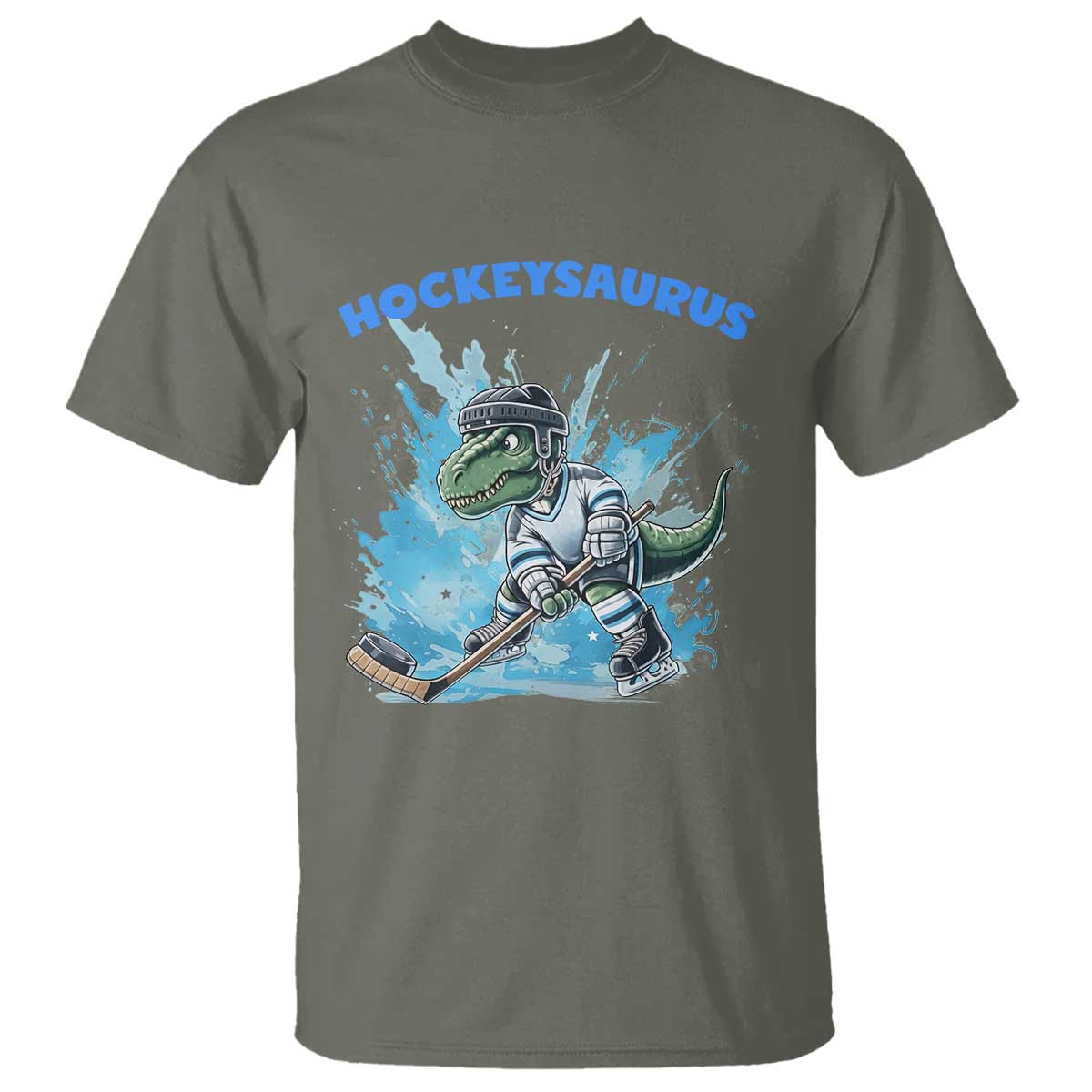 Hockeysaurus T Shirt Funny Dinosaur Playing Ice Hockey Gift TS12 Military Green Print Your Wear