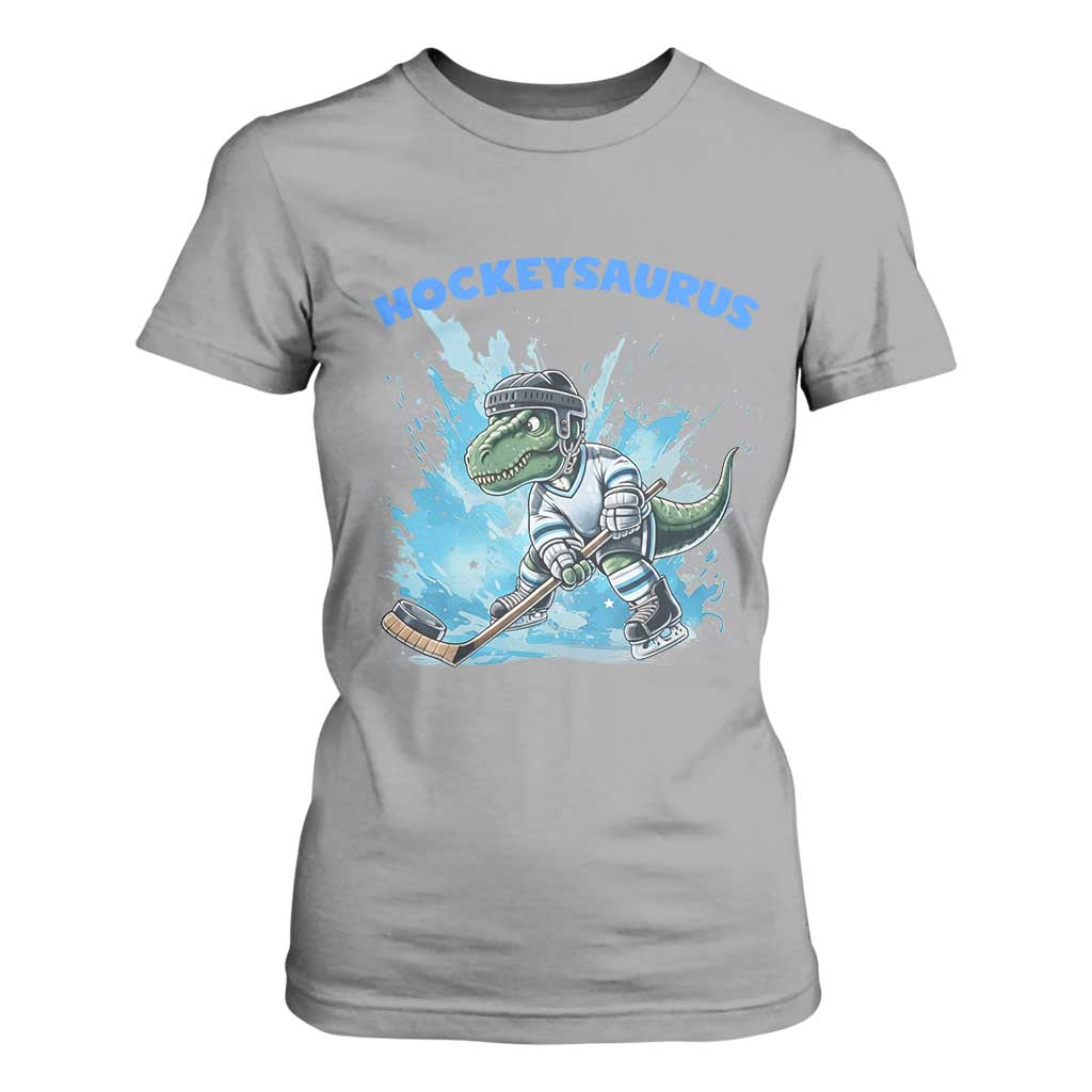 Hockeysaurus T Shirt For Women Funny Dinosaur Playing Ice Hockey Gift TS12 Sport Gray Print Your Wear