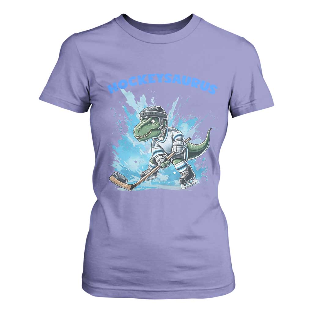 Hockeysaurus T Shirt For Women Funny Dinosaur Playing Ice Hockey Gift TS12 Violet Print Your Wear