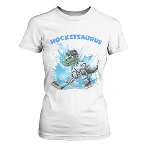 Hockeysaurus T Shirt For Women Funny Dinosaur Playing Ice Hockey Gift TS12 White Print Your Wear