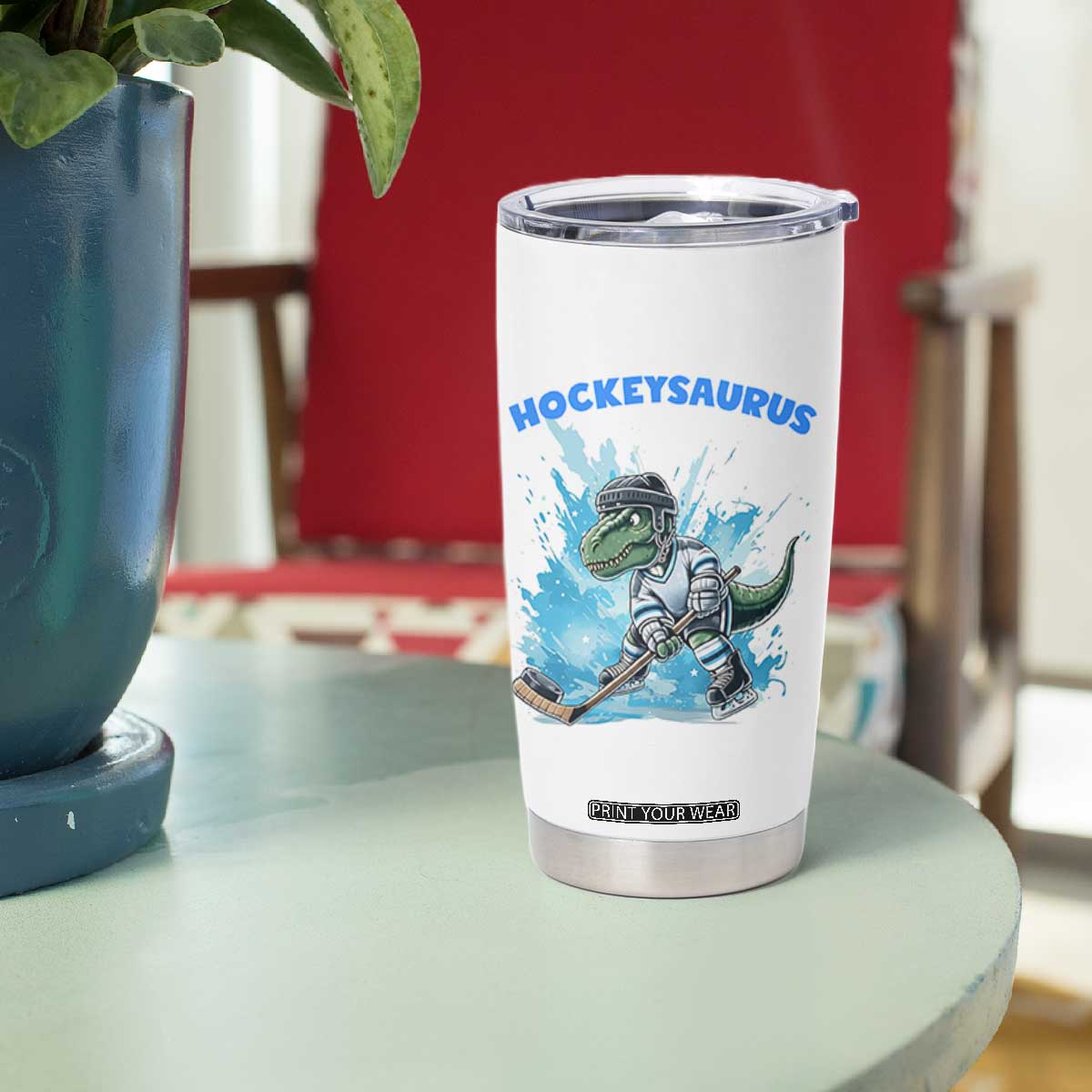 Hockeysaurus Tumbler Cup Funny Dinosaur Playing Ice Hockey Gift TS12 Print Your Wear