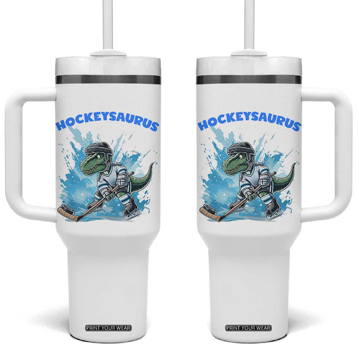 Hockeysaurus Tumbler With Handle Funny Dinosaur Playing Ice Hockey Gift TS12 One Size: 40 oz White Print Your Wear