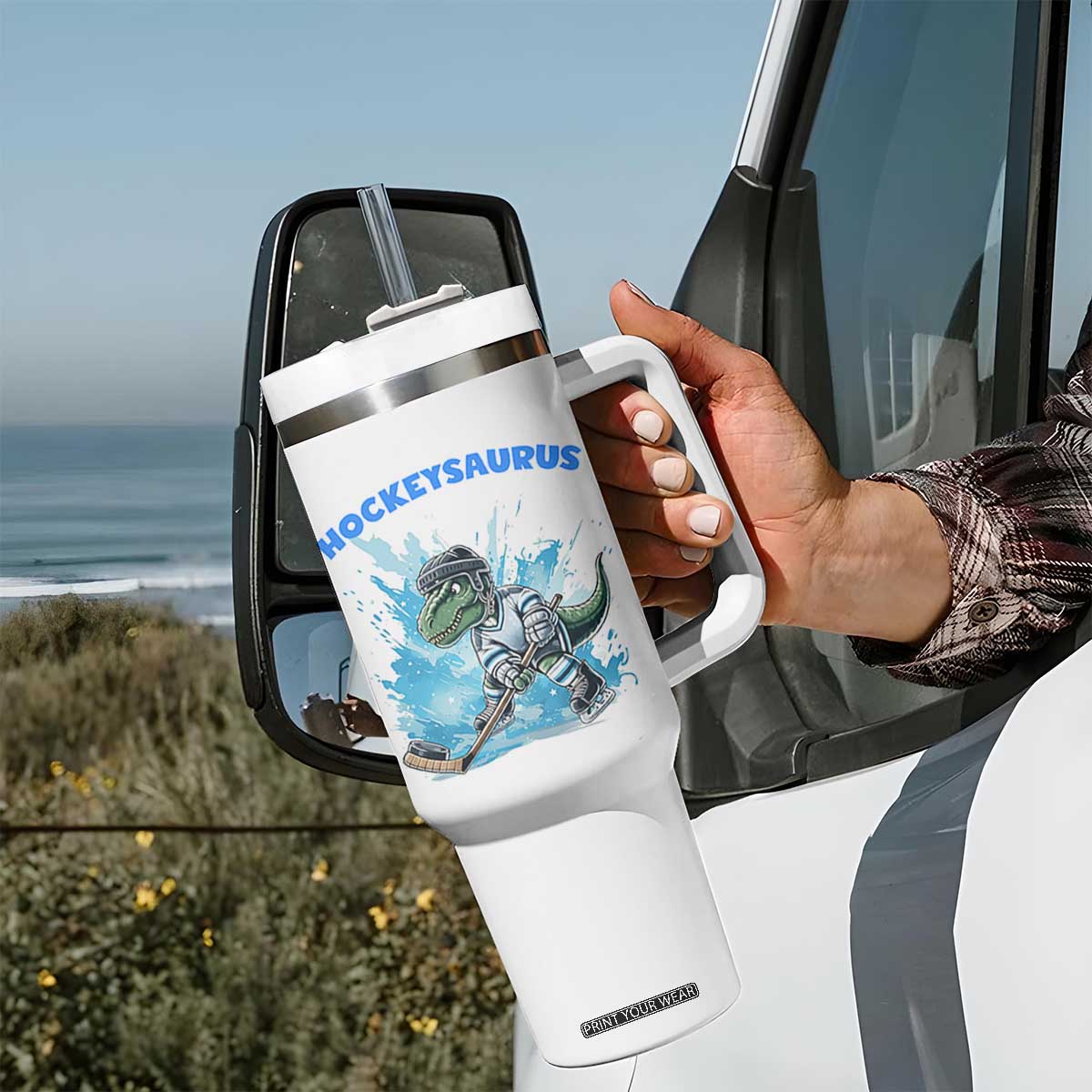 Hockeysaurus Tumbler With Handle Funny Dinosaur Playing Ice Hockey Gift TS12 Print Your Wear