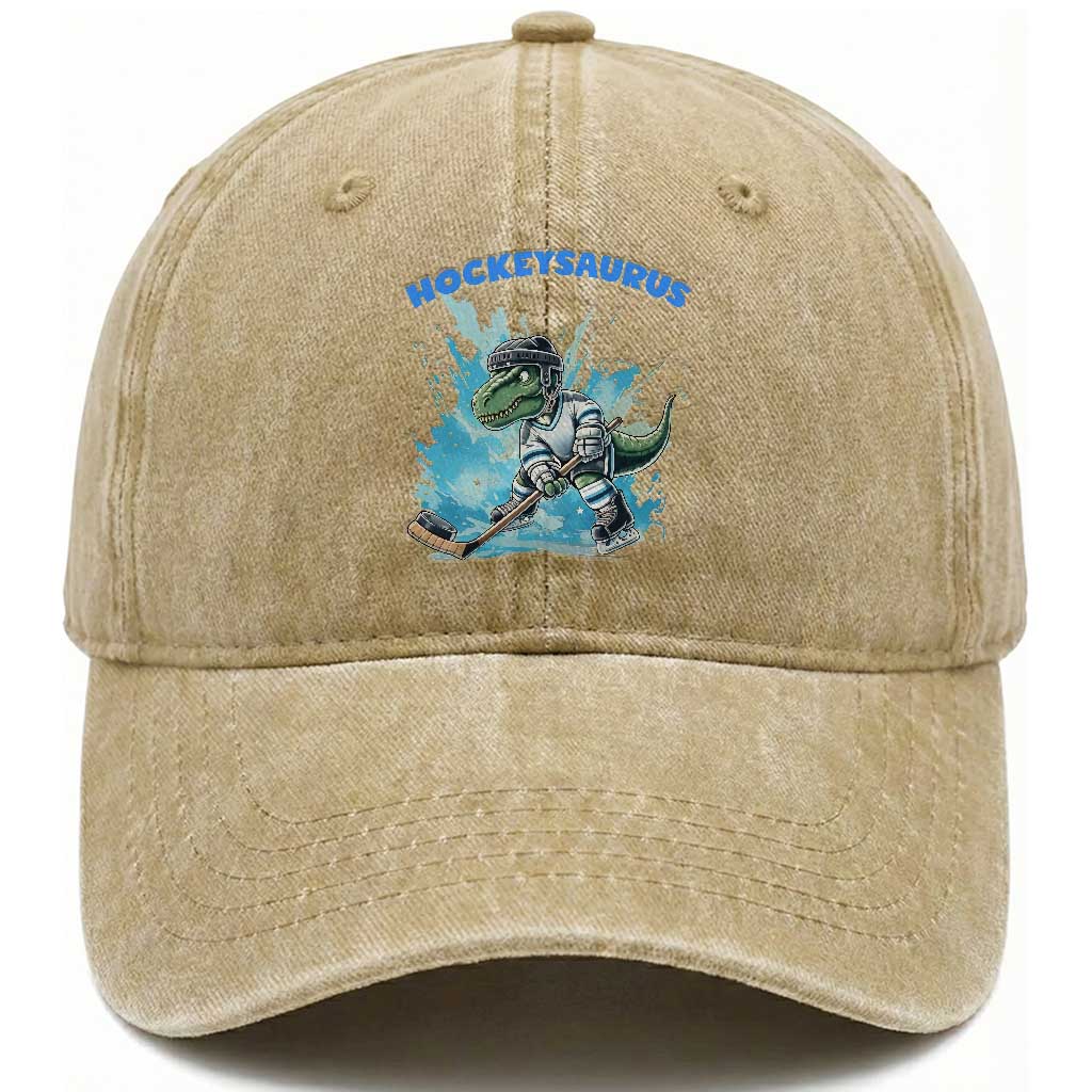 Hockeysaurus Washed Cotton Baseball Cap Funny Dinosaur Playing Ice Hockey Gift TS12 Print Your Wear