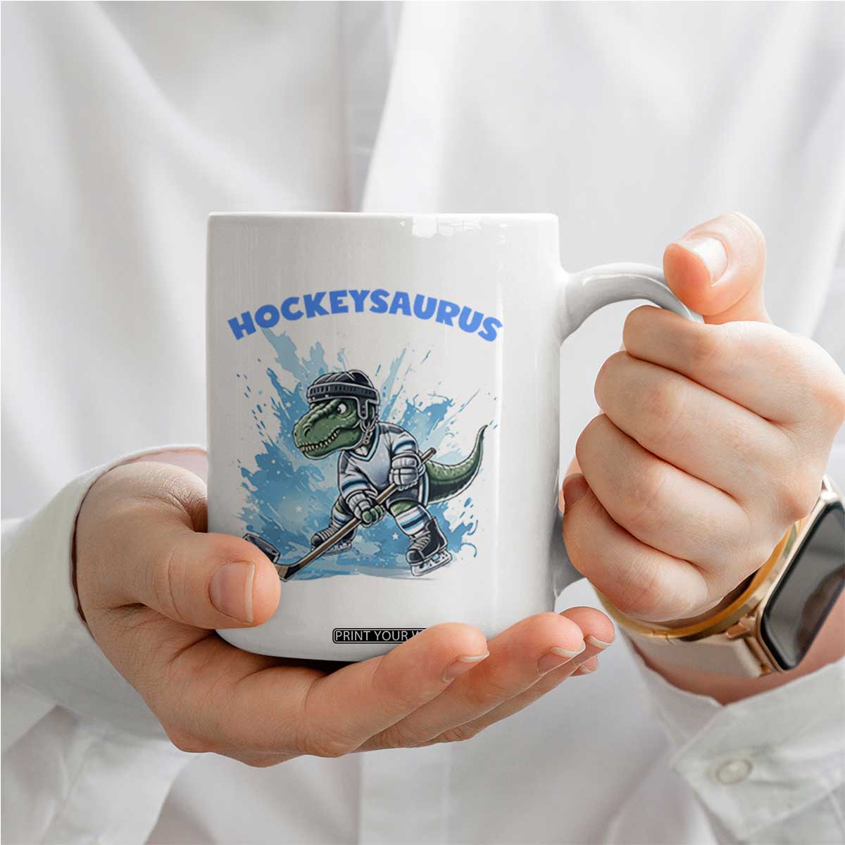 Hockeysaurus Coffee Mug Funny Dinosaur Playing Ice Hockey Gift TS12 Print Your Wear