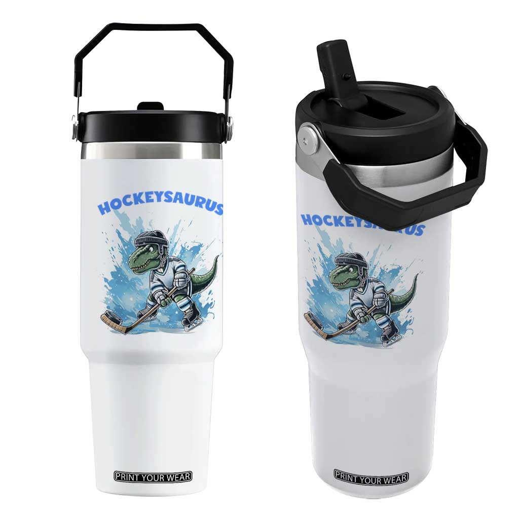 Hockeysaurus Flip Straw Tumbler Funny Dinosaur Playing Ice Hockey Gift TS12 One Size: 30 oz White Print Your Wear