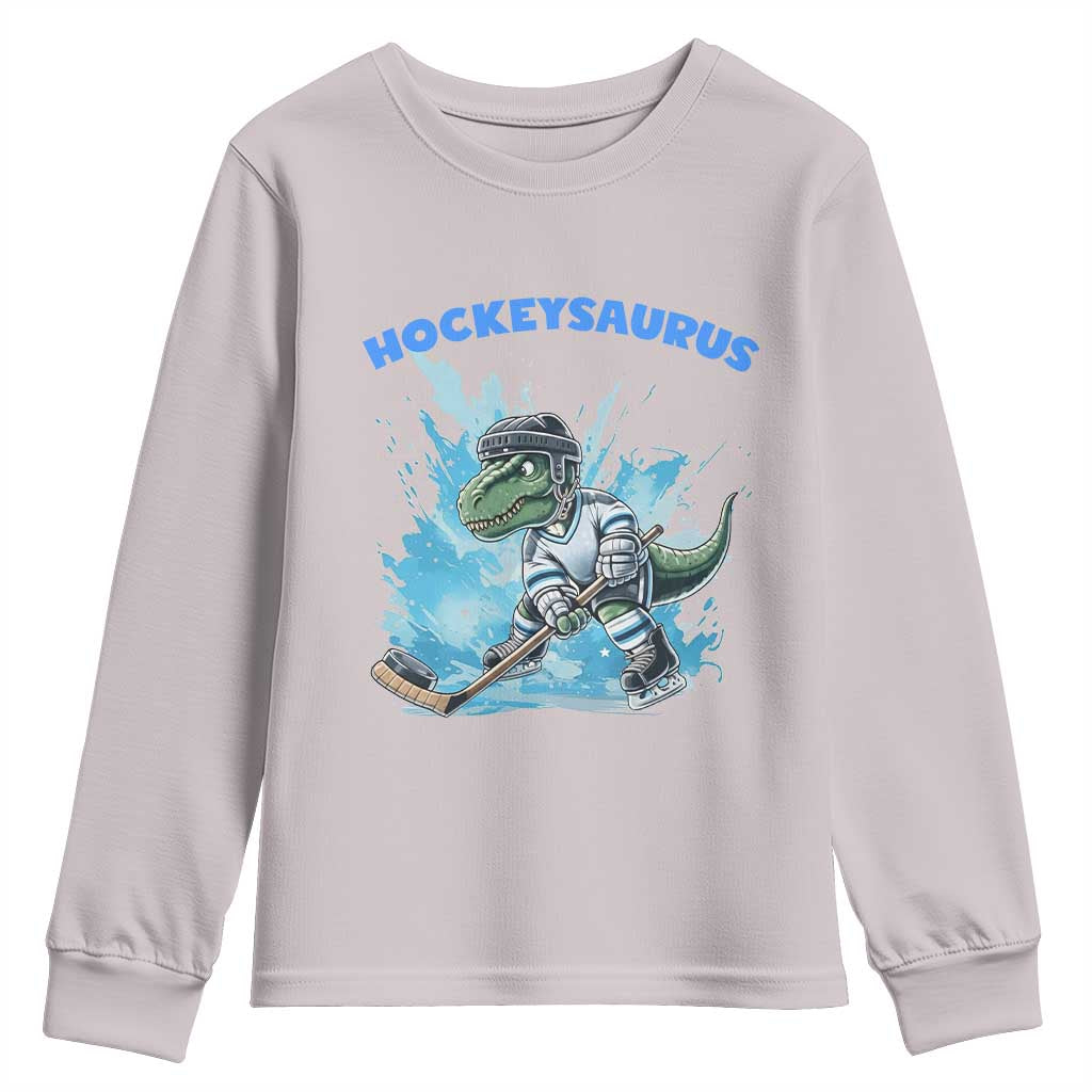 Hockeysaurus Youth Sweatshirt Funny Dinosaur Playing Ice Hockey Gift TS12 Ice Gray Print Your Wear